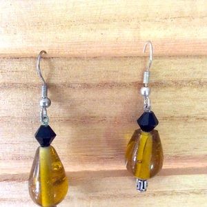 Hand made sterling silver dark yellow and black beads dangling women’s earrings